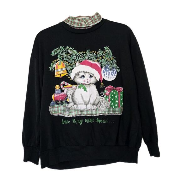 Vtg Cat Christmas Crew Sweatshirt Women L Gma Cottage Artsy Holiday Turtleneck - Picture 1 of 9